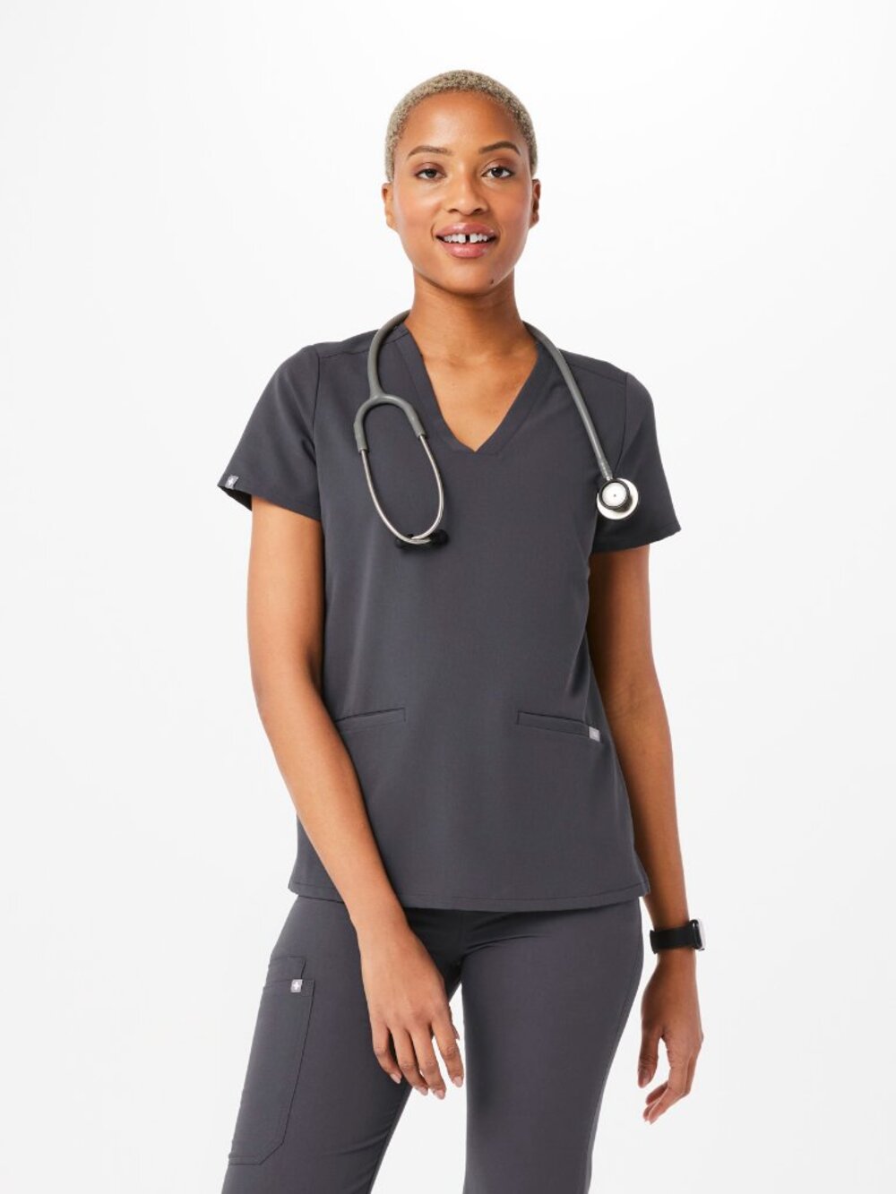 NWT Figs Women's Camsa Three Pocket Scrub Top Charcoal Size Large